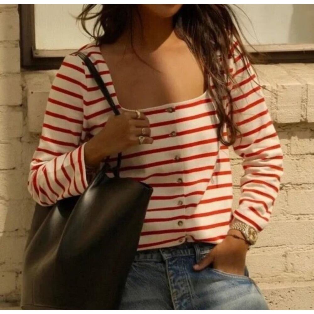 Sezane Red Stripe Cotton Cardigan Top Parisian Knit Medium - Picture 2 of 7